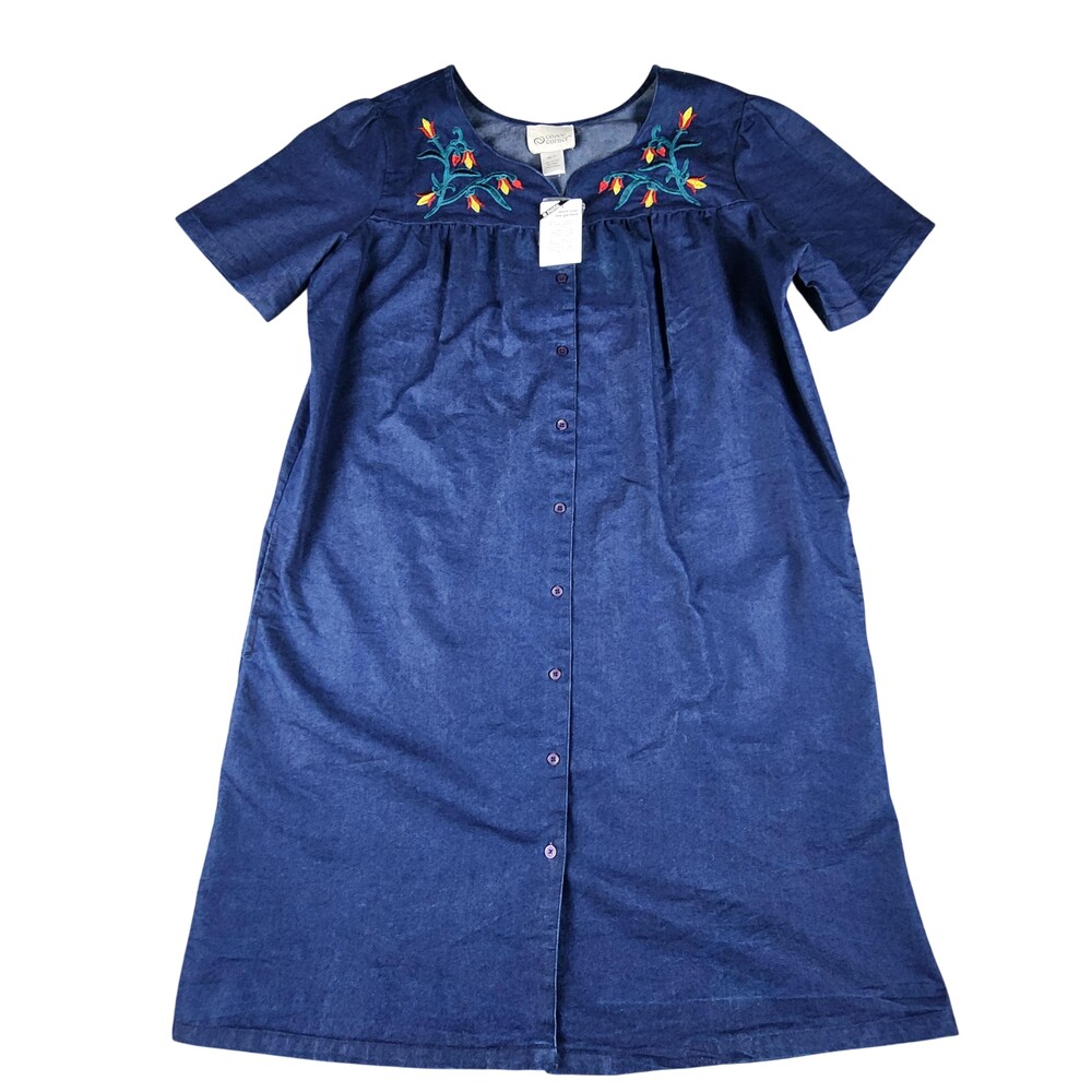 Cozee Corner Dress Womens 1X Blue Denim Embroidered Button Front Shift Pockets